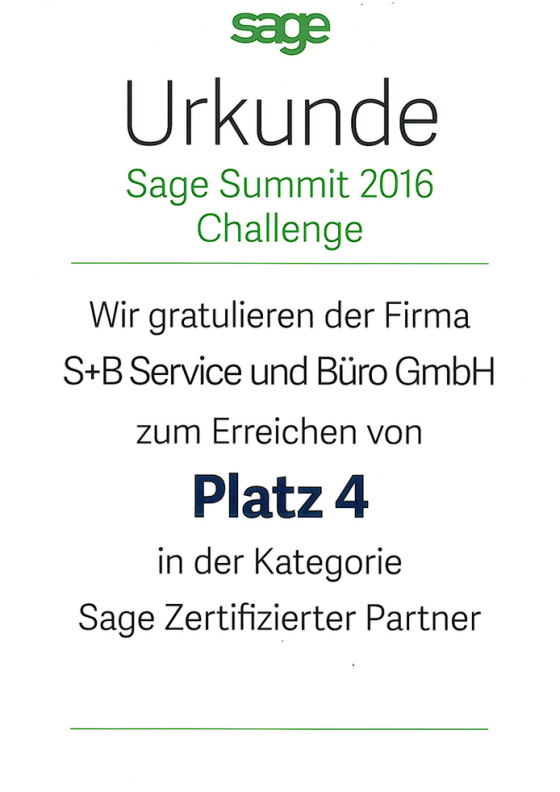 Urkunde Sage Summit 2016 Challange Platz 4.