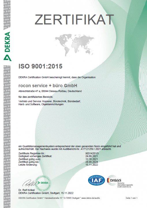 ISO 9001 Zertifikat - Service und Büro GmbH Dessau